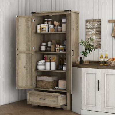 HOMCOM 69" Tall Farmhouse Kitchen Pantry Cabinet with 2 Doors, Drawer and Adjustable Shelves, Grey