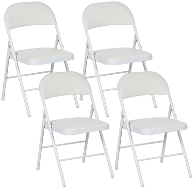 HOMCOM Set of 4 Metal Foldable Chairs, PU Leather Padded Folding Chairs with Cushion Seat and Open Back for Indoor, White