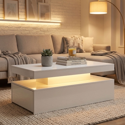 HOMCOM LED Coffee Table with Storage, 2-Tier Modern Center Table with 2 Drawers for Living Room, High Gloss White