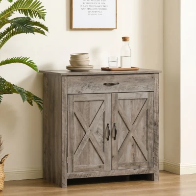HOMCOM Farmhouse Barn Door Sideboard Cabinet with Drawer, Gray