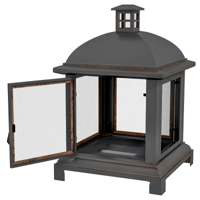 Outsunny Wood-Burning Fire Pit, Chimney Style Firepit with Poker, 26" x 26", Black