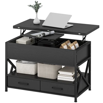 HOMCOM Modern Coffee Table, Lift Top Center Table with Fabric Drawers and Hidden Storage for Living Room, Distressed Black