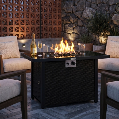Outsunny Propane Fire Pit Table 43" Outdoor Fire Table, 50,000 BTU Pulse-Ignition Wicker Firepit Furniture with Glass Wind Guard, Blue Glass Rock, CSA Certification, Coffee