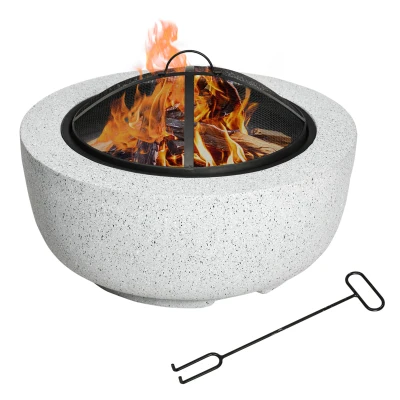 Outsunny 24" Outdoor Fire Pit with Stone Effect, Wood-burning Firepit Fireplace with Spark Screen and Poker for Backyard Camping Bonfire, Gray