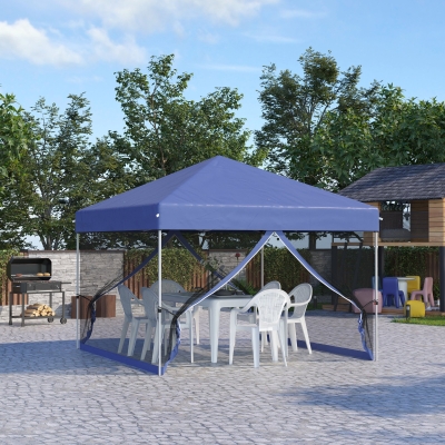 Outsunny 10' x 10' Pop-Up Party Tent Outdoor Canopy Tent with Mesh Sidewalls, 3-Level Adjustable Height, Roller Bag, Blue