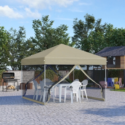 Outsunny 10' x 10' Pop-Up Party Tent Outdoor Canopy Tent with Mesh Sidewalls, 3-Level Adjustable Height, Roller Bag, Beige