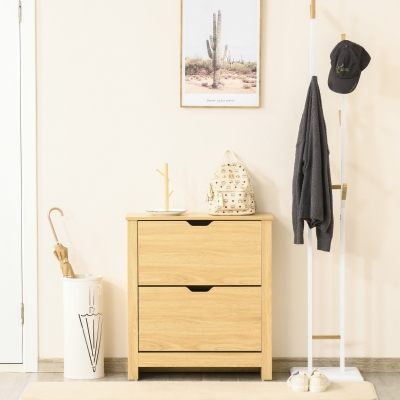 HOMCOM Shoe Storage Cabinet with 2 Flip Drawers and Adjustable Shelves for 8–12 Pairs of Shoes, Natural Wood