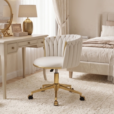 HOMCOM Office Chair, Vanity Chair with Woven Back, Adjustable Height, Rolling Wheels, Cream White