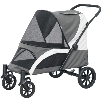 PawHut Foldable Pet Stroller for Medium Dogs with Four Big Wheels, Shock-Absorbing Frame, Safety Leashes, Brakes, Dark Grey