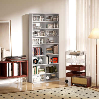 HOMCOM 9-Tier DVD Shelf with 18 Compartments and 14 Adjustable Shelves, Holds 640 CDs, 360 DVDs or 430 Blu-rays, White