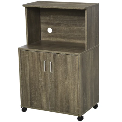 HOMCOM Microwave Cart on Wheels Utility Trolley Storage Sideboard Bookcase with 2-door Cabinet, Grey Wood Grain