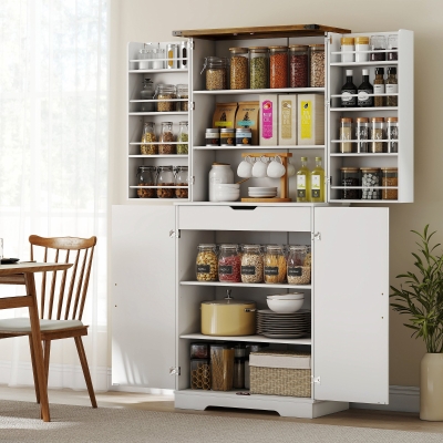 HOMCOM 72" Kitchen Pantry Cabinet, Farmhouse Storage Cabinet with 4 Doors, Drawer, 8 Door Shelves and Adjustable Shelf, White