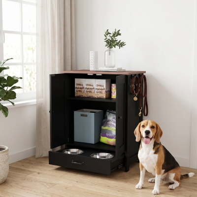 PawHut Pet Food Storage Container Dog Feeding Station w/ Adjustable Panel, Hooks, for Medium Sized Dogs, Black
