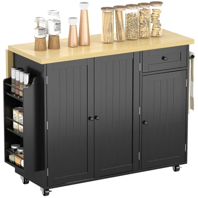 HOMCOM Kitchen Island Cart, Rolling Kitchen Island Table with Drop Leaf, Drawer, Spice and Towel Rack, Black