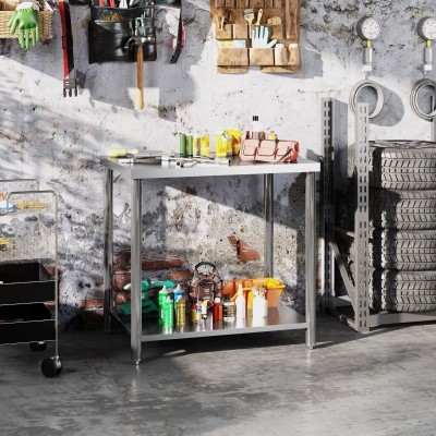 HOMCOM Stainless Steel Workbench, 35 x 24 x 34 Inch, Heavy Duty Work Prep Table with Shelf, Workbench for Kitchen, Garage