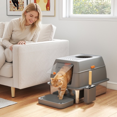 PawHut XL Stainless Steel Cat Litter Box, 80L Kitty Litter Box with Front/Top Entry, Trapping Step, Scoop, for Large Big Cats