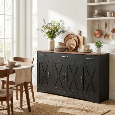 HOMCOM Sideboard Buffet Cabinet, 55" Farmhouse Kitchen Cabinet with 4 Barn Doors, 3 Drawers, 3 Adjustable Shelves, Black