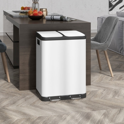 HOMCOM Kitchen Garbage Bin, 2 x 7.9 Gal (2 x 30 L) Trash Can, Soft-Close Garbage Can with Removable Inner Buckets, White