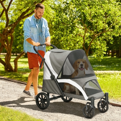 PawHut Foldable Pet Stroller for Medium Dogs with Four Big Wheels, Shock-Absorbing Frame, Safety Leashes, Brakes, Dark Grey