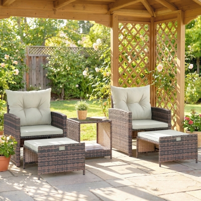 Outsunny 5 Piece Patio Furniture Set, Wicker Patio Chairs with Ottomans, 2-Tier Glass Coffee Table and Cushions, Brown/Cream