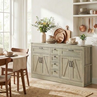 HOMCOM Sideboard Buffet Cabinet, 55" Farmhouse Kitchen Cabinet with 4 Barn Doors, 6 Drawers and 2 Adjustable Shelves, Grey