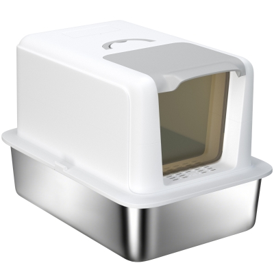 PawHut Stainless Steel Cat Litter Box w/ Removable Lid & Scoop, for Small to Large Cats, Easy to Clean, White