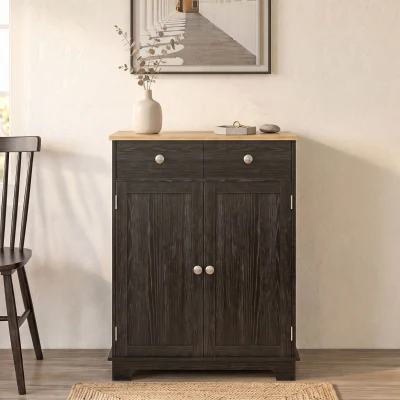 HOMCOM Kitchen Storage Cabinet, Distressed Black, Solid Wood Top
