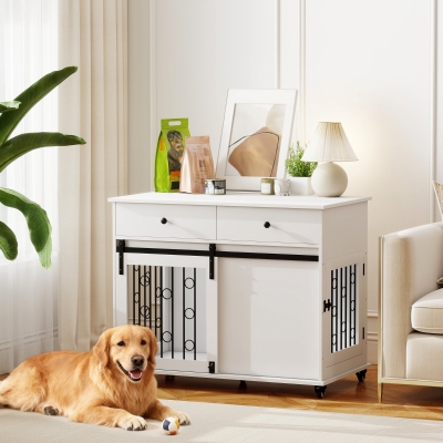 PawHut 39" Dog Crate Furniture, Dog Kennel Indoor with 2 Drawers, Wheels, Sliding Door, Dog Cage for Medium Large Dogs, Oak
