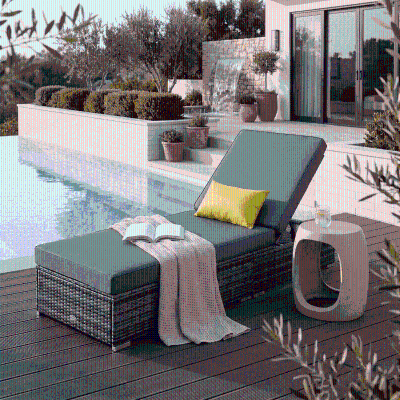Outsunny Patio Wicker Lounger, Outdoor PE Rattan Single Chaise Lounge w/Adjustable Recliner Backrest, Cushion, & Pillow, Grey