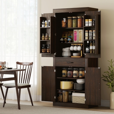 HOMCOM 72" Kitchen Pantry Cabinet, Farmhouse Kitchen Storage Cabinet with 4 Barn Doors, 6 Door Shelves, Drawer, Brown