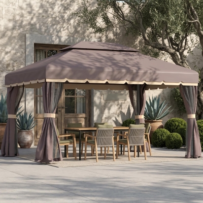 Outsunny 10 x 13ft Aluminum Frame Gazebo Canopy Double Tier Garden Shelter with Netting and Curtains, Coffee