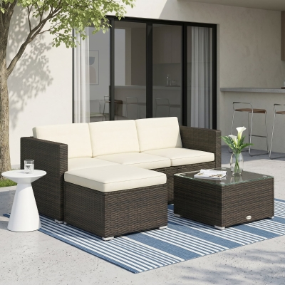 Outsunny 3 Pieces Patio Furniture Set with Cushions, Outdoor PE Rattan Wicker Conversation Corner Sofa Set with Glass Top Table and Adjustable Foot for Garden, Lawn, Cream White