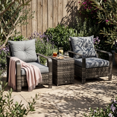 Outsunny 3 Pieces Wicker Patio Furniture Set, Rattan Bistro Set with Storage Coffee Table and Thickened Cushions, Outdoor Conversation Set for Garden, Porch, Balcony, Grey