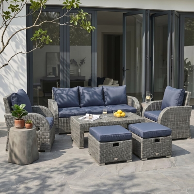 Outsunny Patio Furniture with Cushions, 6 Pieces PE Wicker Patio Sectional Furniture Conversation Set w/ a Three-Seat Sofa, 2 Recliner Chairs, 2 Footstools & Table, Dark Blue