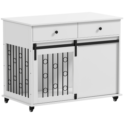PawHut 39" Dog Crate Furniture, Dog Kennel Indoor with 2 Drawers, Wheels, Sliding Door, Dog Cage for Medium Large Dogs, Oak