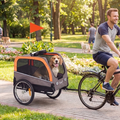 PawHut Dog Bike Trailer, Pet Cart Wagon Cart Carrier Attachment for Travel with 2 Doors, Large Wheels, Safety Flag