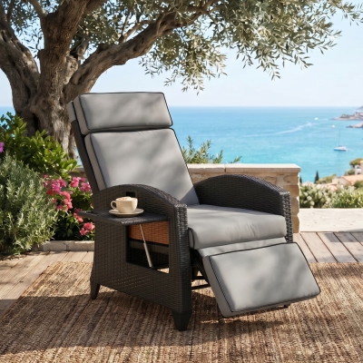 Outsunny Wicker Recliner Chair with Adjustable Backrest and Footrest, Washable Cushion, Side Tray, Light Grey