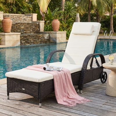 Outsunny Wicker Chaise Lounge, Outdoor Lounge Chair, PE Rattan Patio Sun lounger with Head-rest, 5-Level Height Adjust Backrest, Cushion & Wheels, Deep Coffee and Cream White