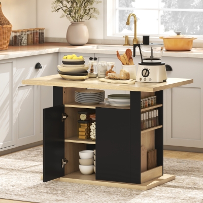HOMCOM Kitchen Island Dining Table with Storage Cabinet, Large Tabletop for 4 People, 4-Door Cupboard & Shelves, Black