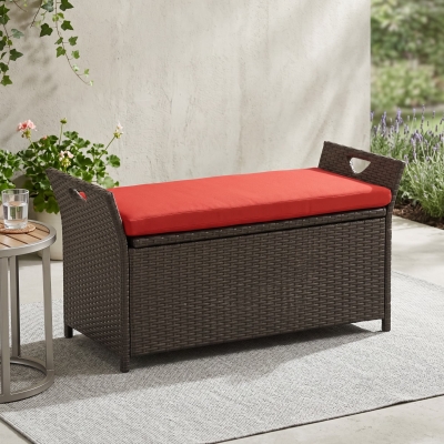 Outsunny 2-In-1 Outdoor PE Rattan Storage Bench, 29 Gallon Patio Wicker Furniture, Basket Box with Handles and Cushion Red