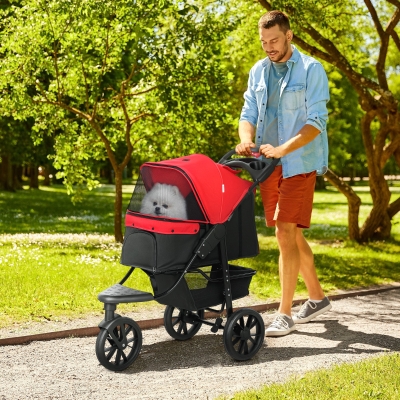 PawHut 3 Wheel Folding Dog Stroller, Travel Carrier with Adjustable Canopy, Storage Brake, Mesh Window for S&M Dogs, Red