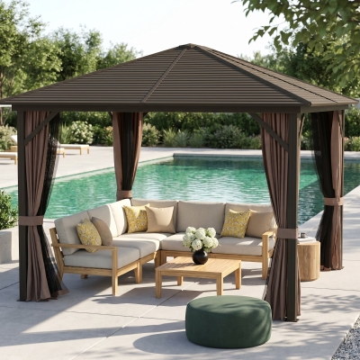 Outsunny 10' x 12' Deluxe Hardtop Gazebo Aluminum Frame Patio Gazebo Garden Sun Shelter Outdoor Pavilion, Coffee