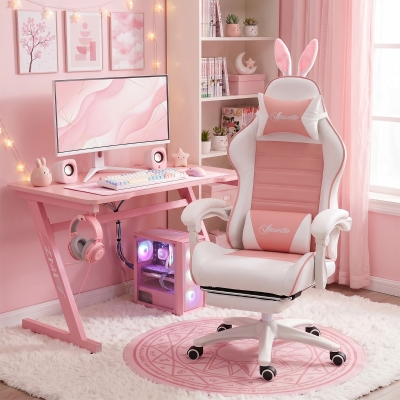 HOMCOM Cute Racing Gamer Chair, PU Leather Gaming Chair with Footrest, Headrest and Lumbar Support, Pink