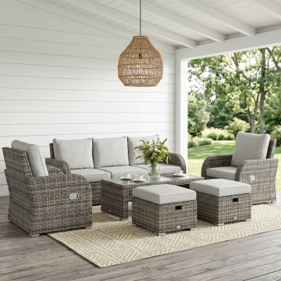 Outsunny 6 Pieces Patio Furniture Set, Conversation Set Wicker Sectional Set Cushioned Outdoor Rattan 3-Seat Sofa, 2 Adjustable Recliners, 2 Footstools & Table Set for Lawn Garden Backyard, Light Grey