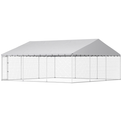PawHut Heavy Duty Outdoor Dog Kennel with Waterproof Roof, Secure Latch, Chain Link Dog Run for Backyard, 19.7' x 19.7' x 8.9'