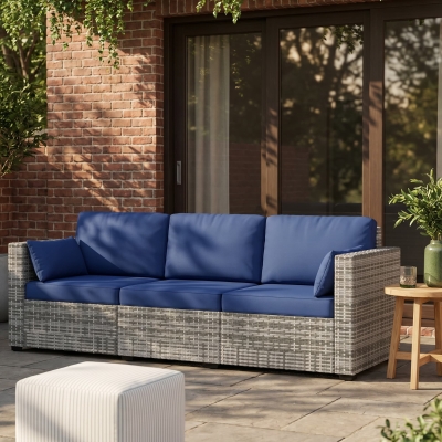 Outsunny 3-Seater Patio Sofa with Cushions, Rattan Conversation Set with Steel Frame & Washable Cushion Covers, Dark Blue