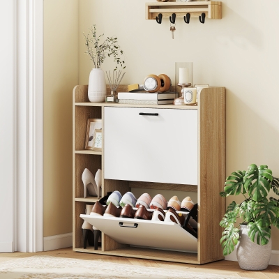 HOMCOM Shoe Cabinet with 2 Flip Drawers, 3 Side Compartments, Adjustable Shelves, 8-12 Pairs for Entryway Hallway, Natural