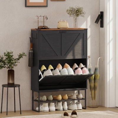 HOMCOM Narrow Shoe Storage Cabinet with 2 Flip Drawers, Slim Shoe Cabinet for 15-20 Pairs, Black Wood Grain