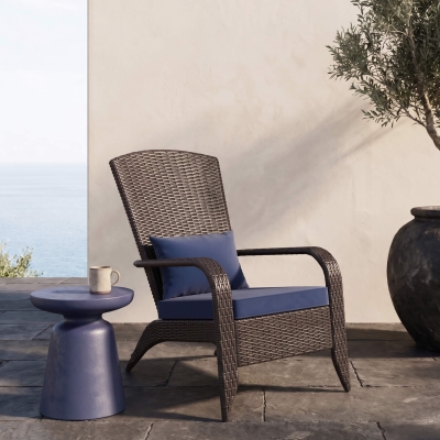 Outsunny Patio Wicker Adirondack Chair, Outdoor Rattan Muskoka Chair with Cushions for Patio, Garden, Backyard Dark Blue
