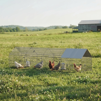 PawHut Metal Chicken Coop with UV-Resistant Cover for Hens, Rabbits, Ducks, Geese, 168.5" x 42.1" x 43.7", Grey